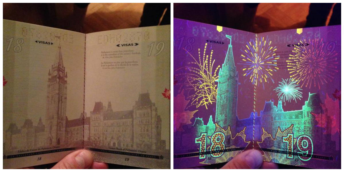     . Canadian passport under UV light