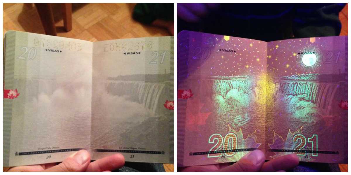     . Canadian passport under UV light