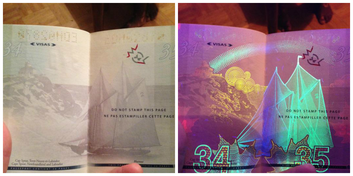     . Canadian passport under UV light