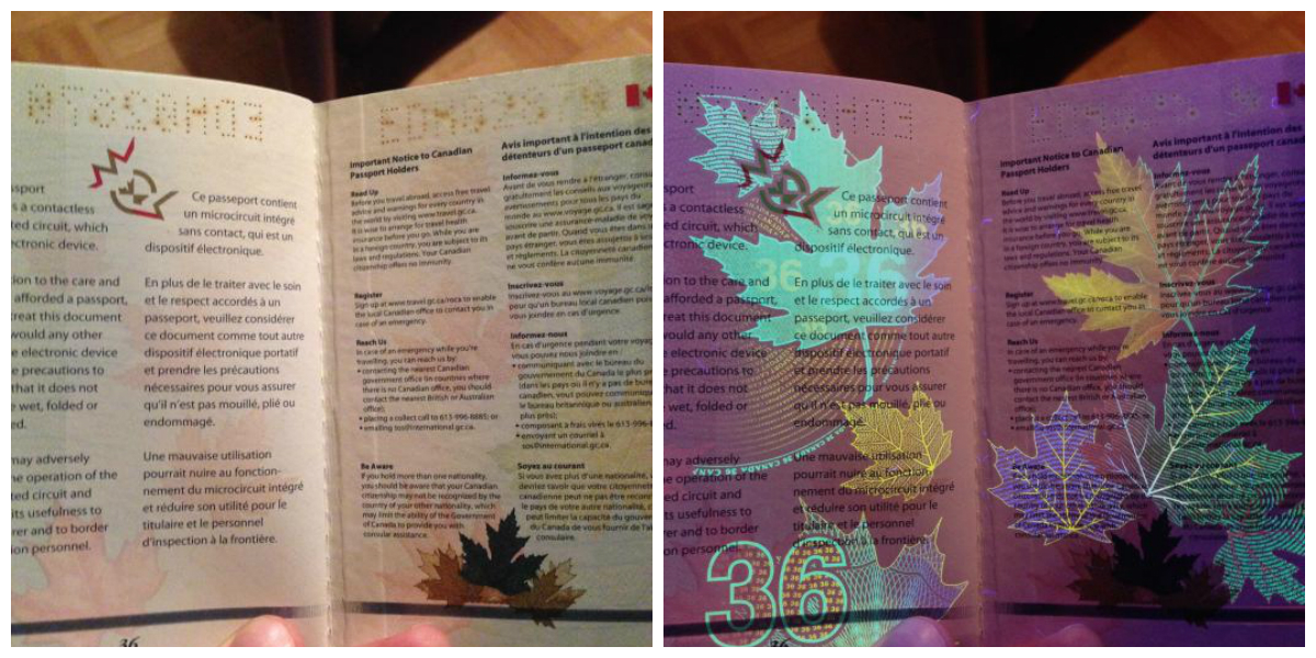     . Canadian passport under UV light