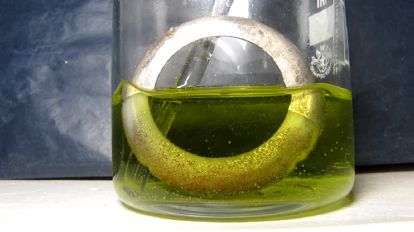 Metallic coating on plastic (copper - nickel - chrome): reaction with hydrochloric acid.     ( -  - ):    