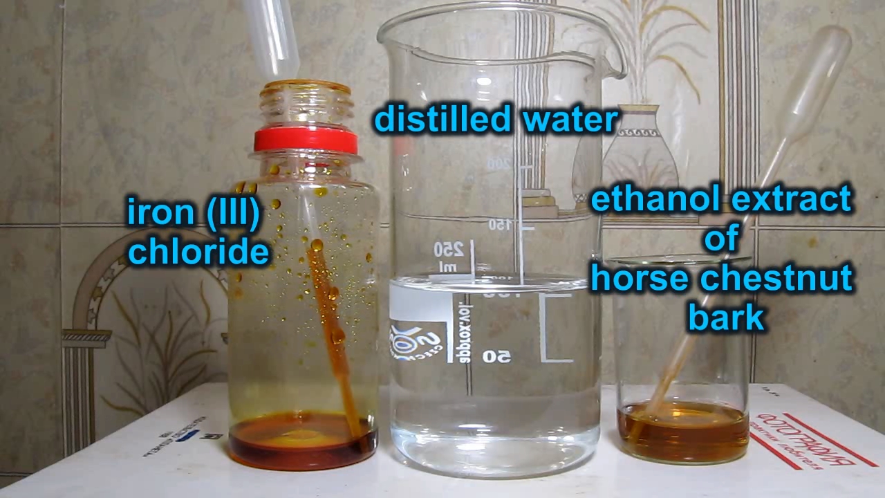 Horse chestnut bark, ethanol, water and iron (III) chloride