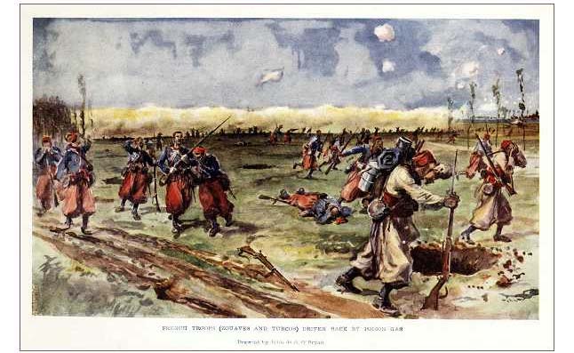 Французские солдаты отступают с позиций под Ипром, спасаясь от ядовитого облака