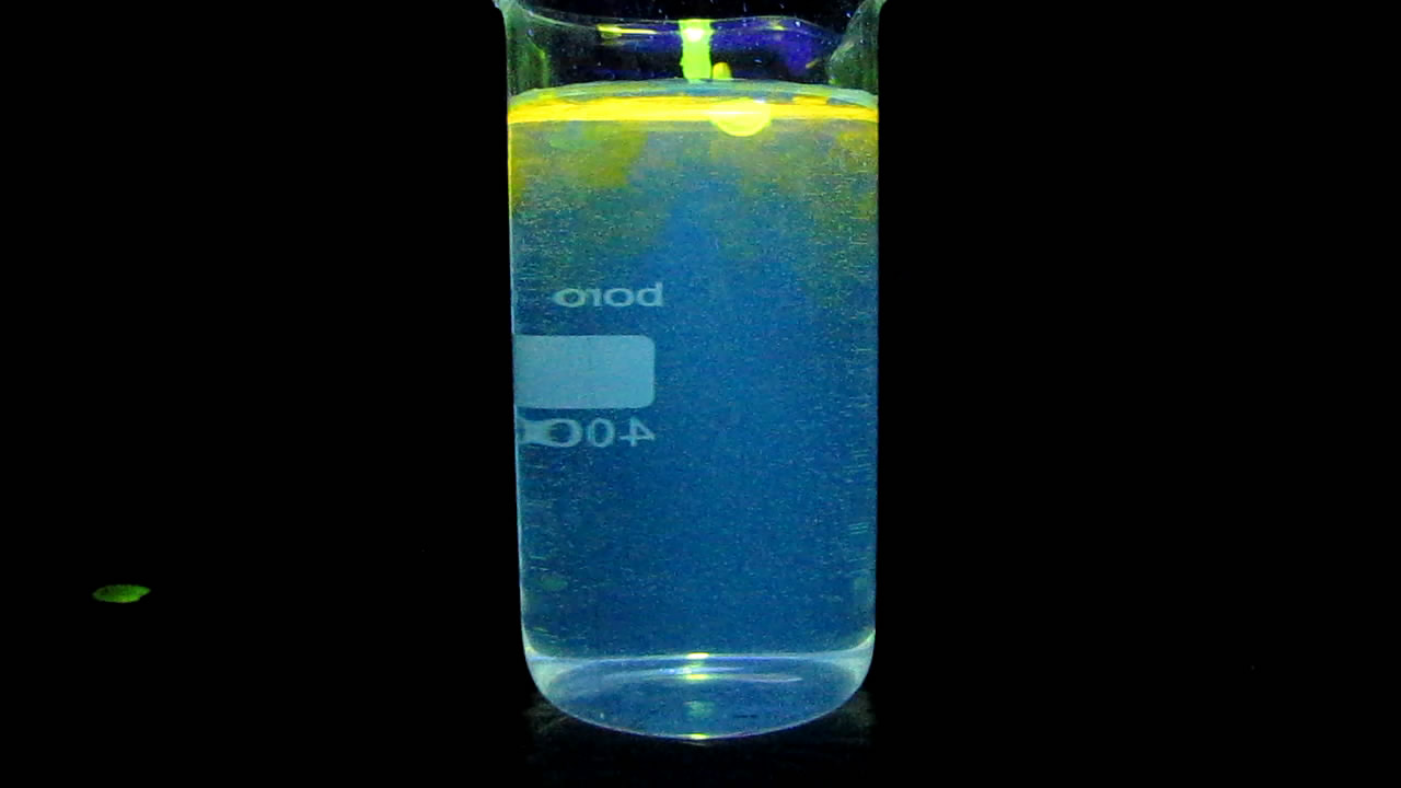 Вода гасит флуоресценцию (куркумин, этанол и вода в ультрафиолете). Water extinguishes fluorescence (curcumin, ethanol and water under ultraviolet)