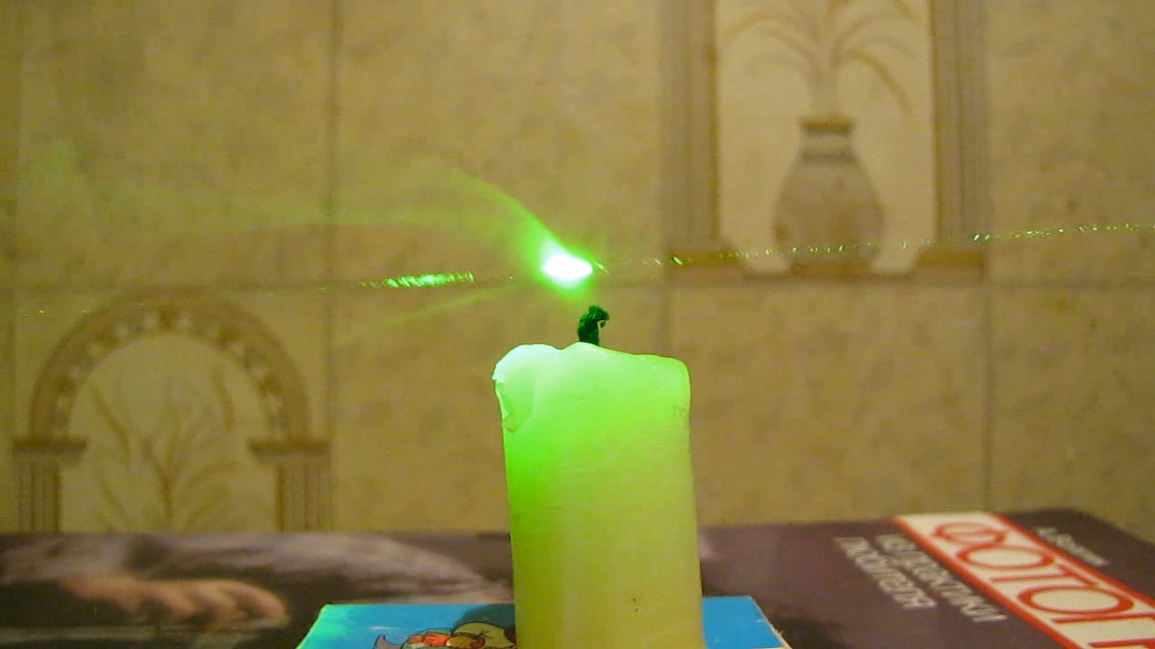 Tyndall effect: laser and candle.  :   