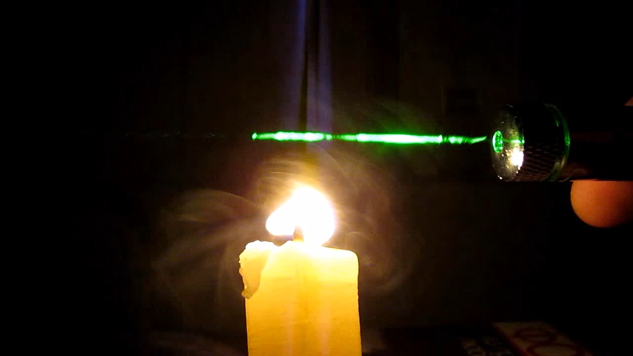 Tyndall effect: laser and candle.  :   