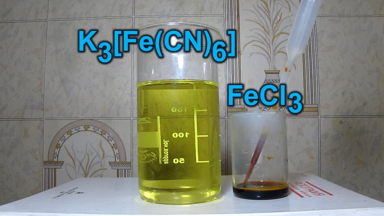 Iron(III) chloride and potassium ferricyanide.   (III)    