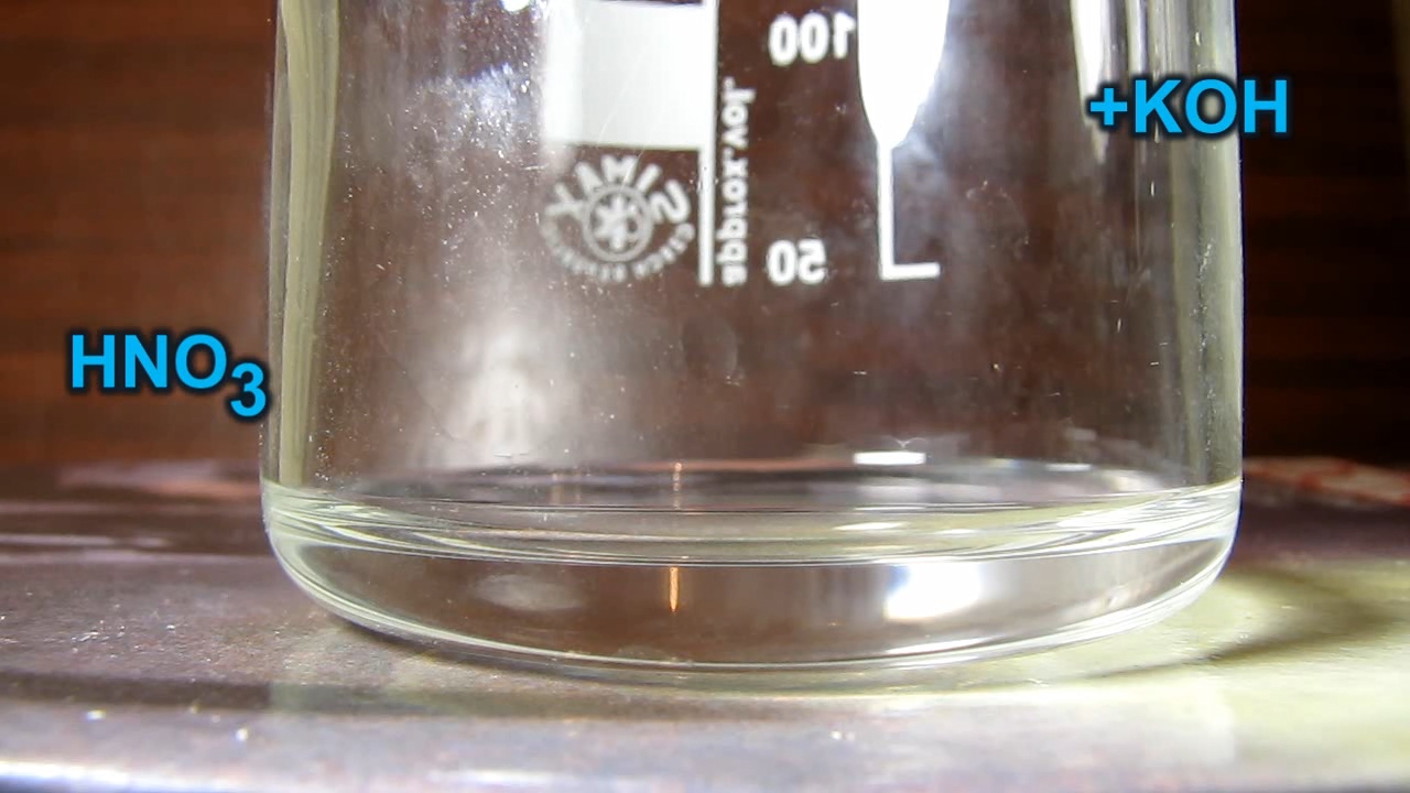 Reaction of concentrated nitric acid and solid potassium hydroxide.        