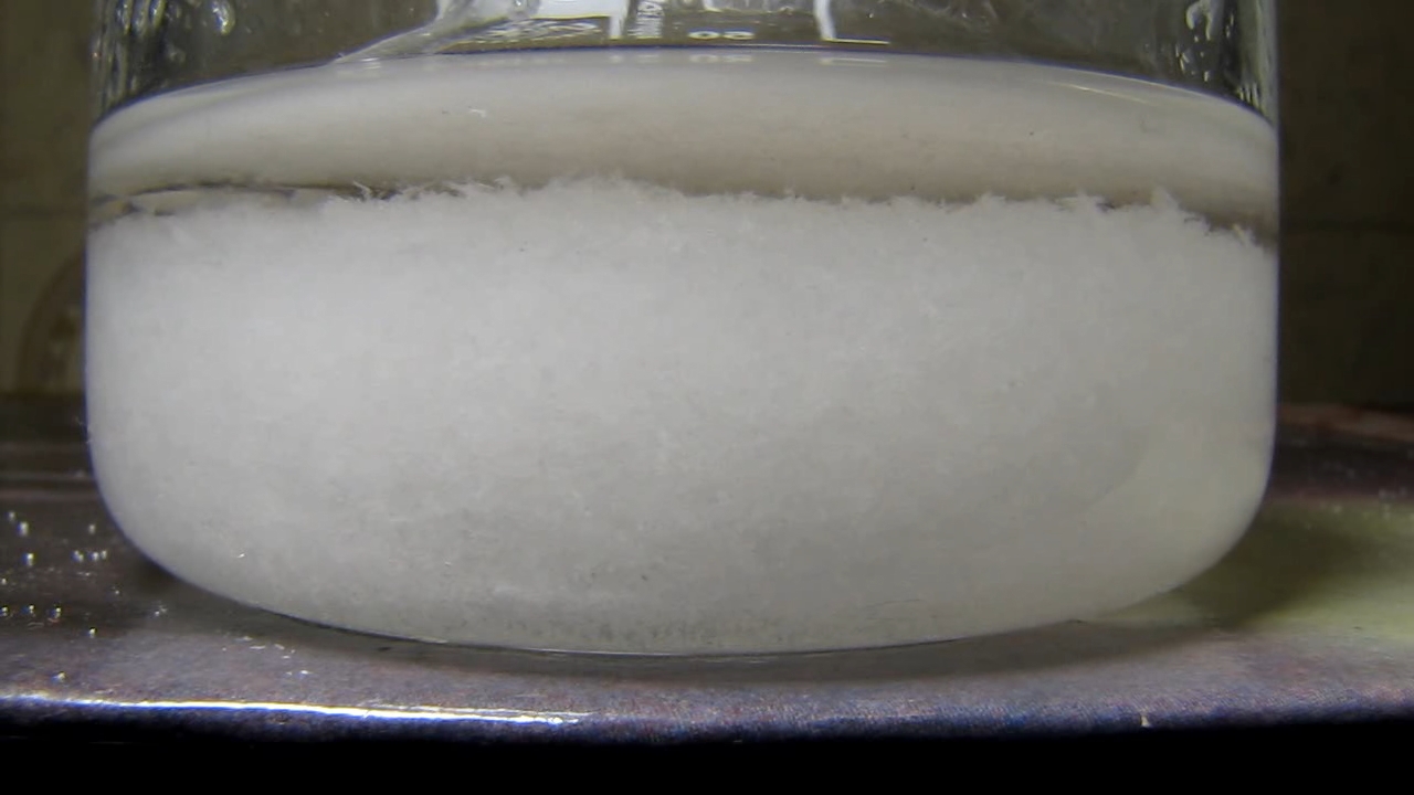 Reaction of concentrated nitric acid and solid potassium hydroxide.        