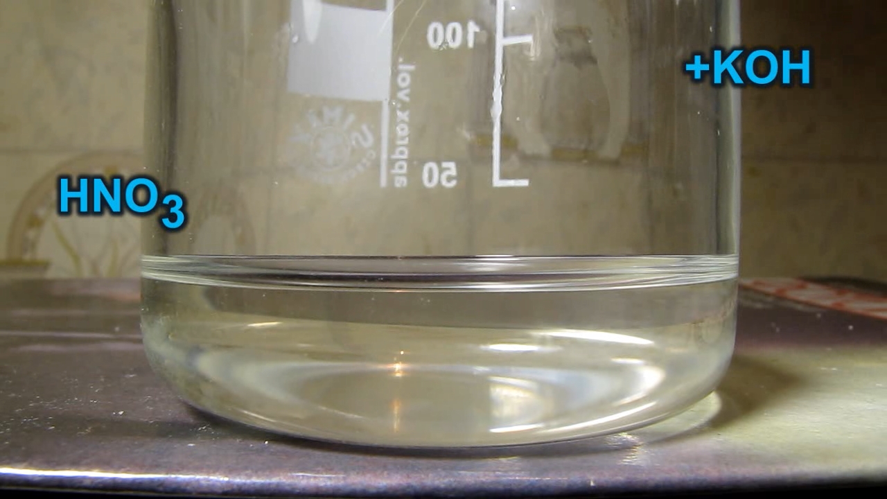 Reaction of concentrated nitric acid and solid potassium hydroxide.        