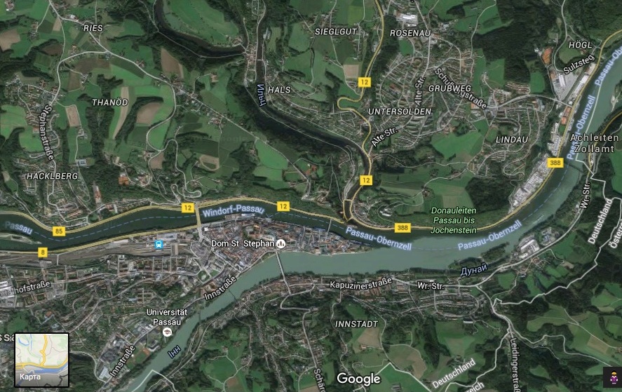   :  (Ilz),    (, ). Tripple confluence: Ilz, Danube, and Inn Rivers (Passau, Germany)