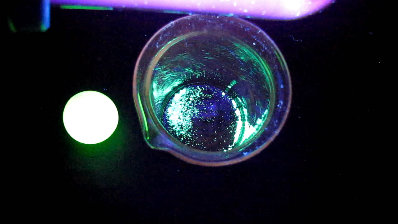  ,  ,    . Uranium glass, uranyl nitrate, fluorescein and black light lamp (ultraviolet light)