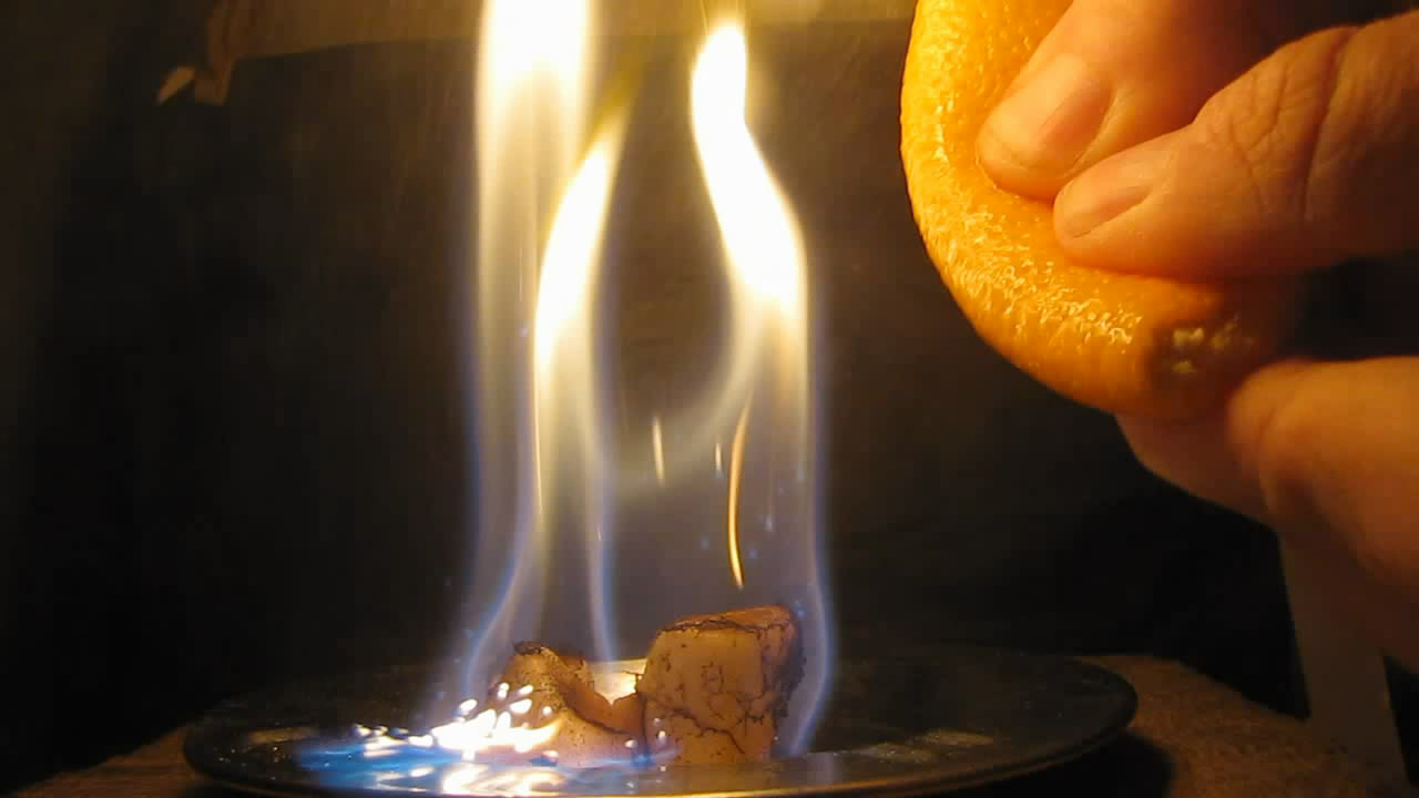   (   ). Fire-hazardous fruit (orange peel and fire)