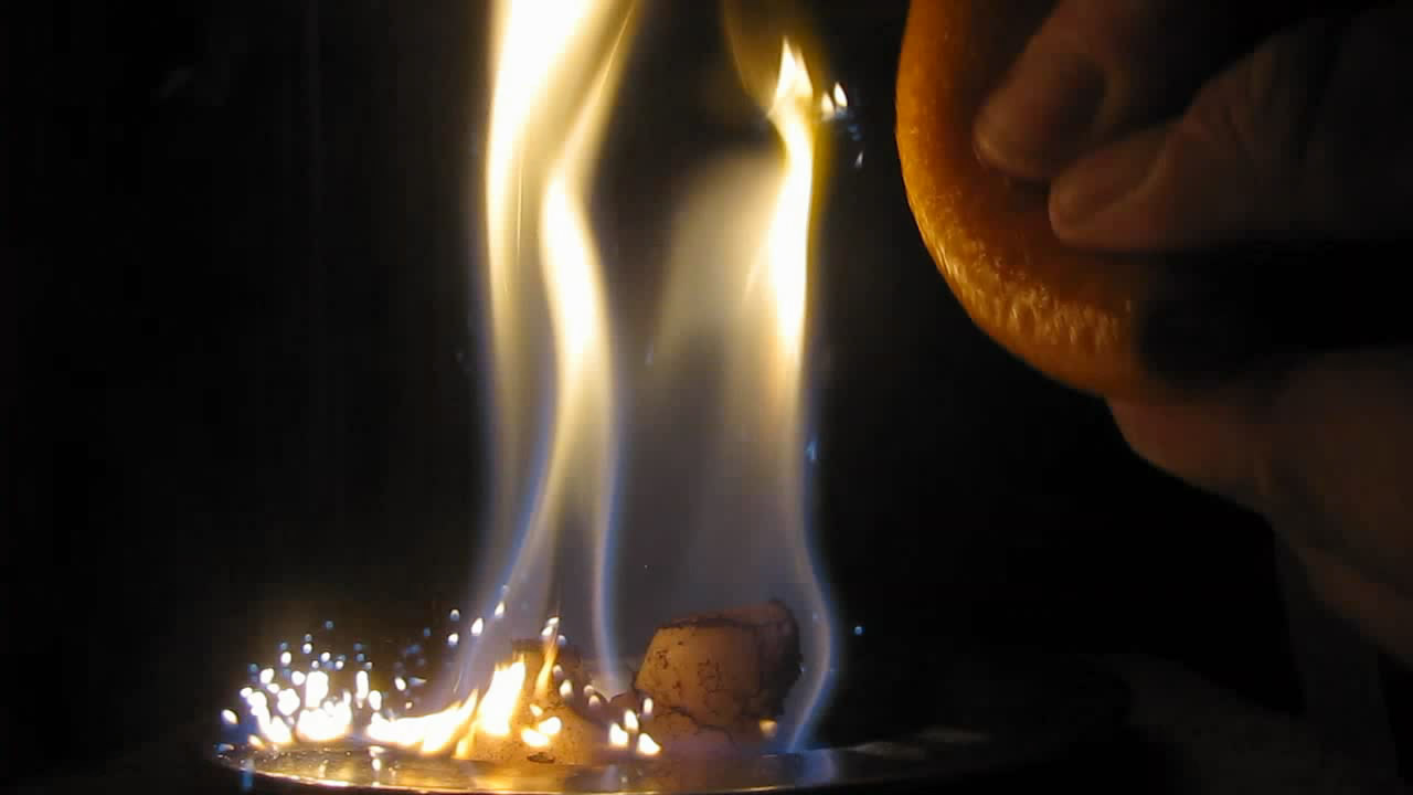   (   ). Fire-hazardous fruit (orange peel and fire)