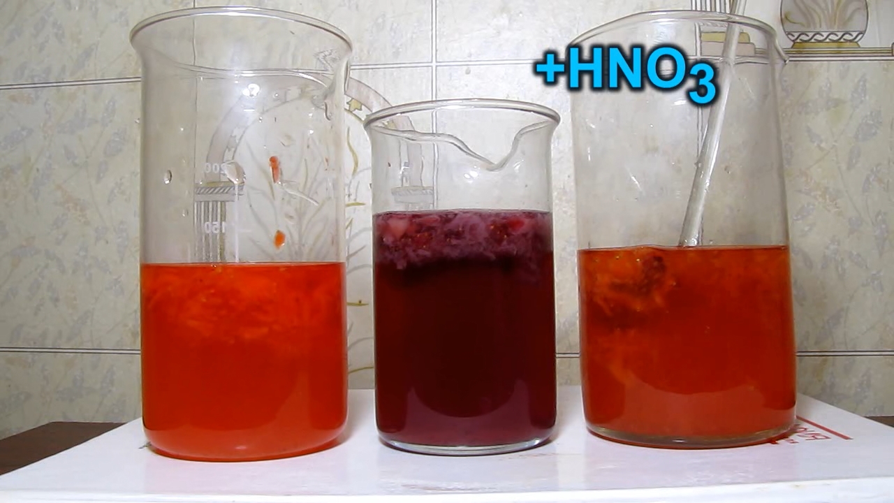 Strawberry, nitric acid, baking soda and ammonia (plant pigments colour change)