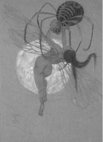 Herbstabend Eine phantastische Spinne mit Totenkopf hält eine Libelle mit Frauenkörper in ihrem Netz gefangen , 1909–1909.jpg